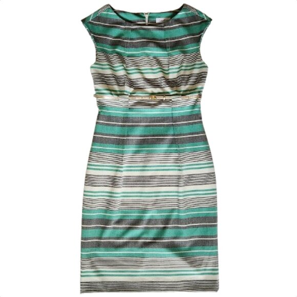 Calvin Klein Size 4 Striped Sheath Dress - Green Gray White + Gold Belt - Picture 3 of 13